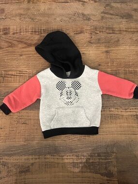 Kids Hooded Sweatshirt with Checkerboard Mouse Graphic - Gray, Coral & Black